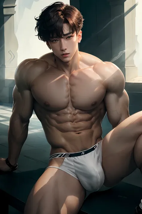 jungkook, 1 man, pele lisa, muscular chest, large bulge, natural pose, legs apart, detailed facial features, beautiful eyes, sharp jawline, chiseled abs, slim waist, realistic lighting, dramatic shadows, cinematic composition, moody colors, dramatic lighti...