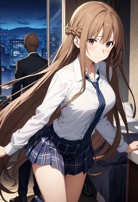 Highest quality、Super detailed、High resolution illustrations、Ultra-high-definition CG、８k size wallpaper、Production Art、Light novel illustrations、asuna yuuki, long hair, bangs, brown hair, brown eyes, very long hair, braid, Collared shirt、Navy blue tie、Navy...