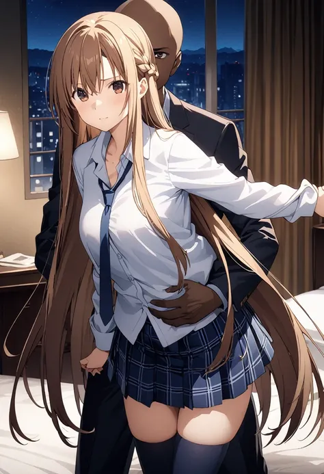 Highest quality、Super detailed、High resolution illustrations、Ultra-high-definition CG、８k size wallpaper、Production Art、Light novel illustrations、asuna yuuki, long hair, bangs, brown hair, brown eyes, very long hair, braid, Collared shirt、Navy blue tie、Navy...