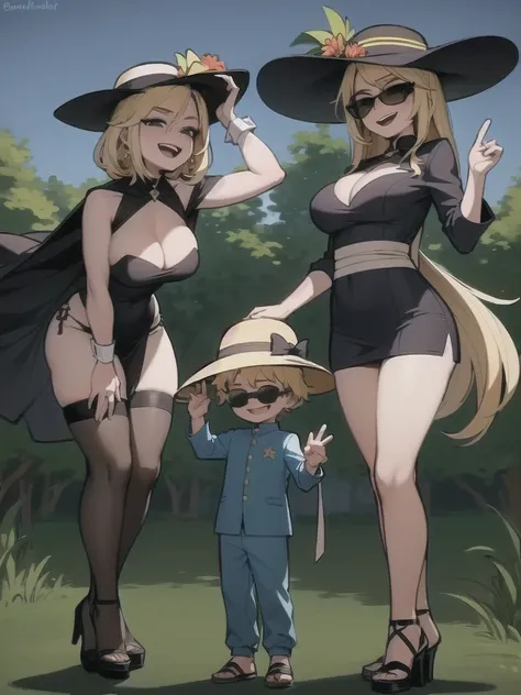 two sexy women in sunhats and sunglasses looking down at 4 years old boy with blonde hair, looking at camera, seductive smiles, various hairstyles for women, boy is laughing, women have opened mouths moaning