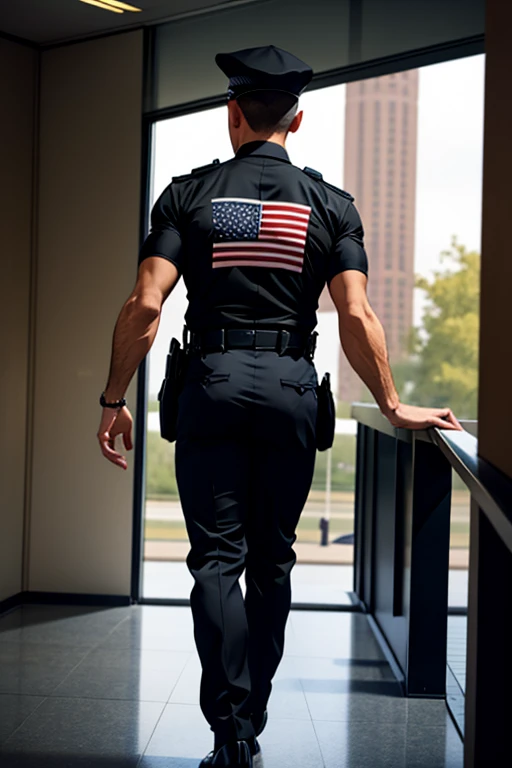 Rear view Male USA police officer, black uniform, short sleeved shirt, black shoes, hat,

