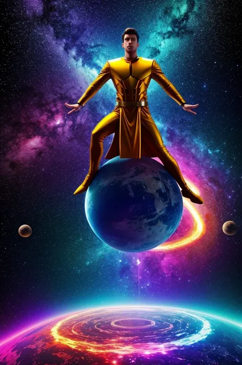 Create a 3D image of a powerful being levitating in space or in a galaxy full of colorful colors 