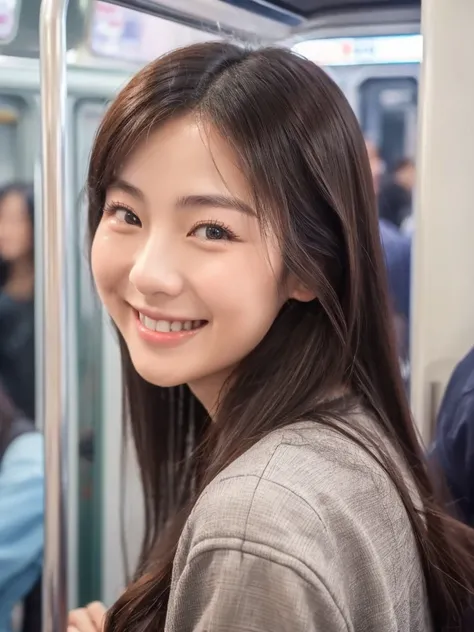 A Chinese beauty smiles on a crowded subway，Air bubbles around the nose，The surrounding air is particularly fresh