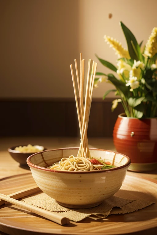 Arabic noodles opened from a bowl with chopsticks,3d, super realistic food picture, amazing food photography, high quality food photography, amazing food illustration, Eating pasta, Food advertising, 4K-Food-Photografie, ramen, 4K-Food-Photografie