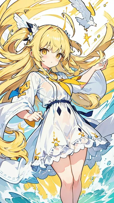 Showing the whole body Cute Baby face Big breasts Flying in the sky White simple dress Long hair Angel Blonde Yellow eyes Deformed