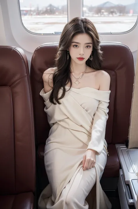 (((best quality))),(((ultra detailed))),(((masterpiece))),illustration,(a beautiful girl,female passenger,solo),(parted red lips),((slim,thin,small breasts,flat chest)),((earrings,crystal necklace)),(slender legs:1.2),summer night,((in airplane,economy cla...