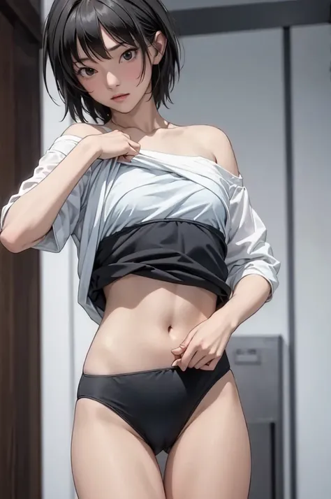 ((masterpiece, best quality)),((high resolution:1.3)), 1 Girl, solo, Cowboy Shot, Blurred Background, (((Small breasts))), Thighs, (underwear), ((lift Shirts:1.3)), Off shoulder, pixie cut