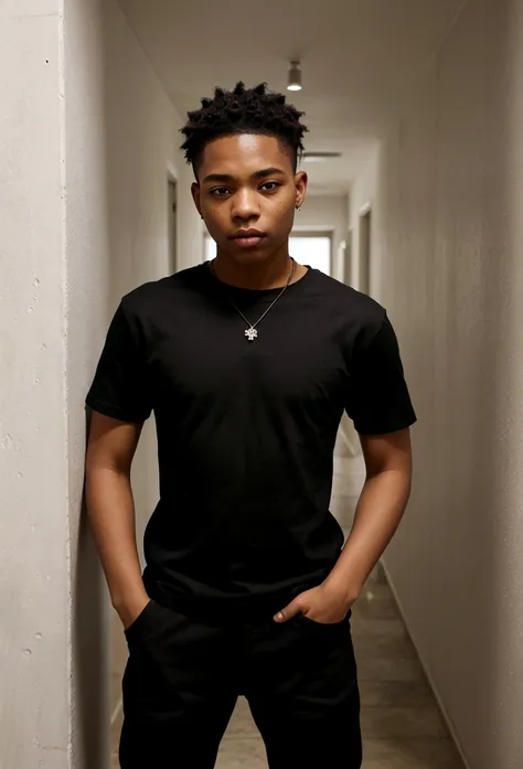 sharpened man leaning against a wall in a hallway, wearing a black shirt and khaki pants, in style of tyler mitchell, photo in style of tyler mitchell, Black teen, taken at the beginning of 2020, wearing pants and t-shirt, fear of god style, smooth in _ o ...