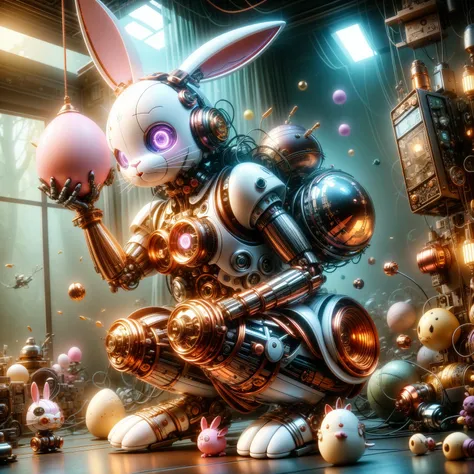 pixar style, (toy style blind box:1.2), cute mechanical rabbit in clothes，透明发world，霓虹灯world，high precision mechanical parts，its ...