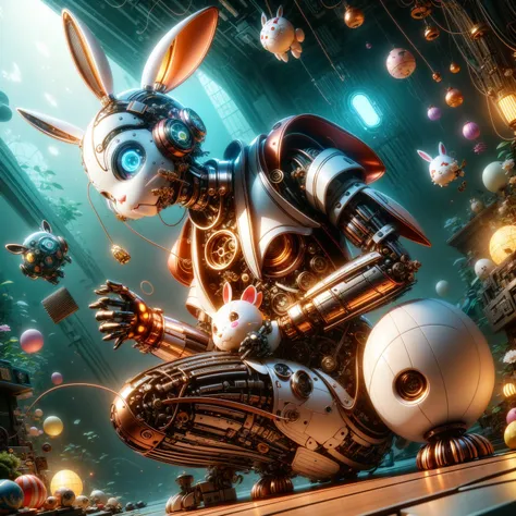 pixar style, (toy style blind box:1.2), cute mechanical rabbit in clothes，透明发world，霓虹灯world，high precision mechanical parts，its ...