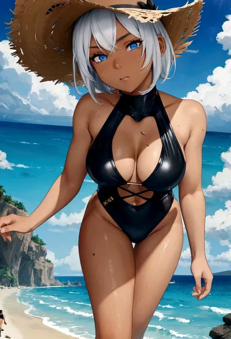 Black swimsuit dark skinned,dark skinned female,short hair,white hair,blue eyes,muscular,tomboyish,sun hat,sunny,lens flare,sumner attire,GtsGiga,Rampage,beach,best quailty,masterpiece 