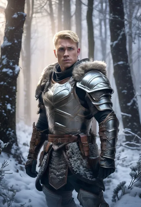 1 man, inside the snowy forest, wearing armor, detailed facial features, beautiful light and masculine eyes, detailed light skin, short blonde hair, strong expression, dramatic lighting, cinematic composition, cold and dark color palette, atmospheric fog, ...