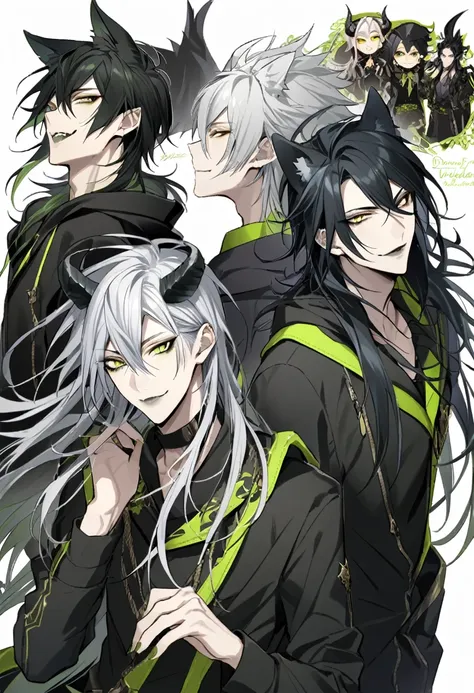 malleus draconia (twisted wonderland) horns, bishounen, boy, male, yana toboso style, long hair, black hair, yellow green eyes, ...