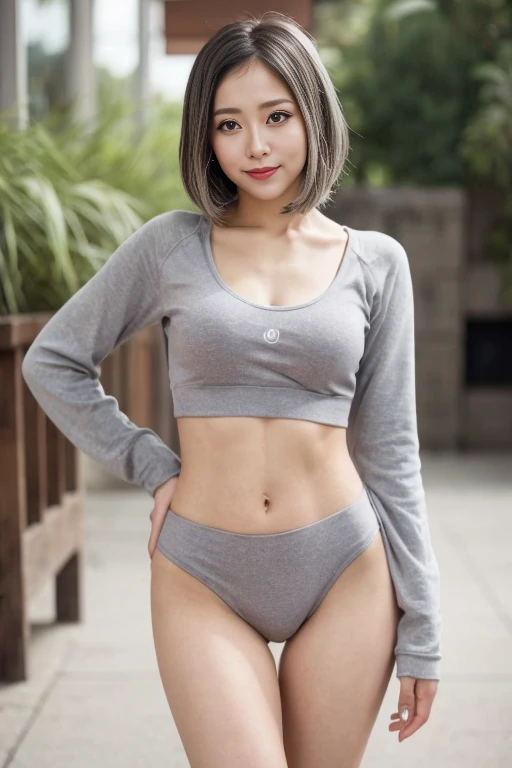 (Color photography), Realistic photos of beautiful Asian people、Slim Abs, (Highlight Haircut East B Cup:1.2), Mid-chest, Round shaped breasts, Perfectly shaped breasts,,(( Grey Yoga Wear )), (Pubic hair shape),  She poses confidently for the camera, She st...