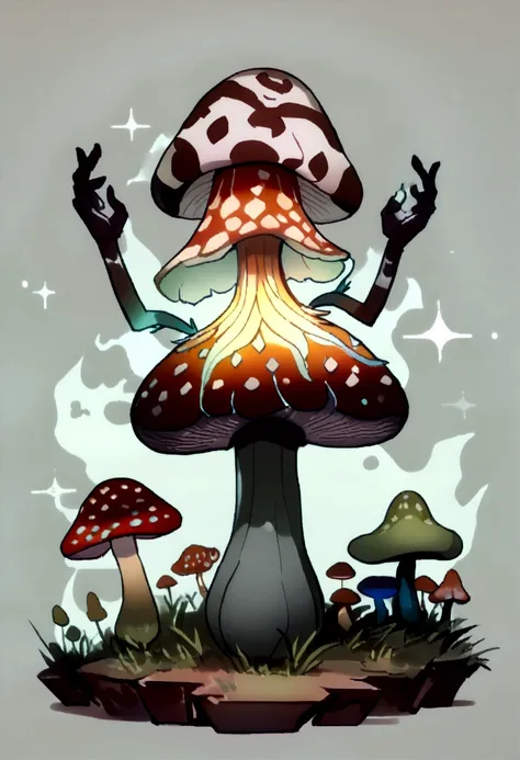 ((top quality))、((chedevr))、((Anthropomorphic male mushroom, Full length photo))、((very simple background))、(Game Character Design)、Mushroom anthropomorphic monster and mushrooms merge with the body,)、luminous body、beastman、Ornaments with mushroom motifs、s...