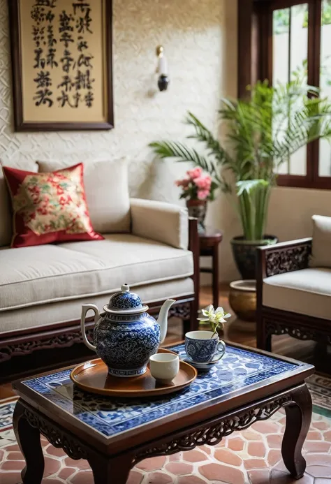 A close-up of the elegant details in a traditional Asian living room, focusing on the intricate patterns of the tile flooring, the texture of plush sofa cushions, and the delicate designs of traditional Asian artwork on the walls. Shot with a high-quality ...