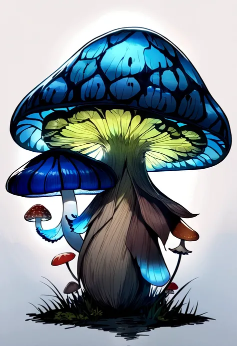 (Mushroom anthropomorphic monster and mushrooms merge with the body, (Anthropomorphic male mushroom)), blue flat hat, knave