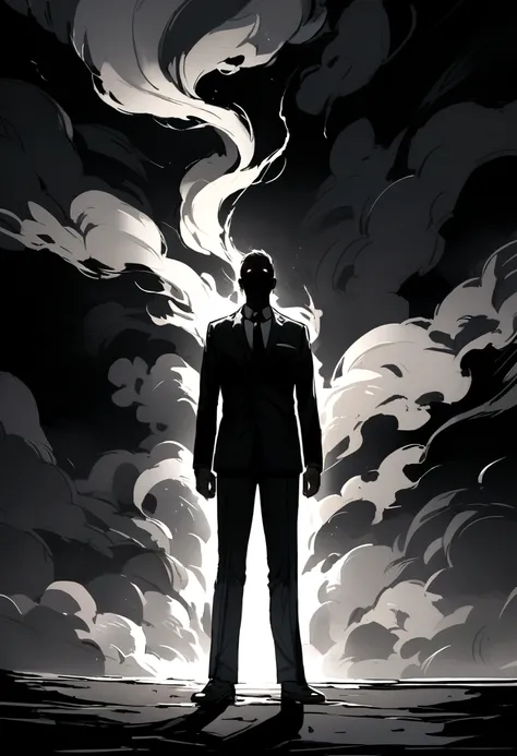 Picture a man in a suit standing in dark, terrifying smoke