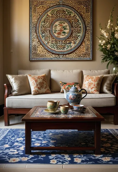 A close-up of the elegant details in a traditional Asian living room, focusing on the intricate patterns of the tile flooring, the texture of plush sofa cushions, and the delicate designs of traditional Asian artwork on the walls. Shot with a high-quality ...