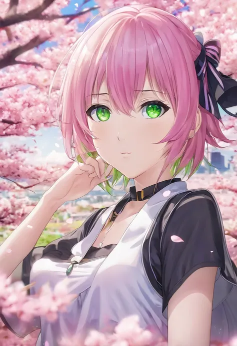 anime girl with pink hair and green eyes posing for a picture, haruno sakura, best anime 4k konachan wallpaper, seductive anime girl, marin kitagawa fanart, sakura petals around her, splash art anime , anime style 4 k, anime moe artstyle, high quality anim...