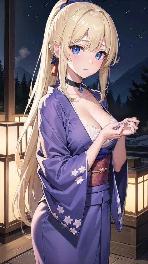 beatrixamerhauser, beatrix amerhauser, long hair, blue eyes, blonde hair,ponytail, (medium breast:1.2),
BREAK japanese clothes,transparent kimono, yukata,cleavege,neckline,black choker,
BREAK looking at viewer,
BREAK outdoors, onsen,night,steam,wet,stars,s...