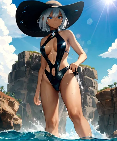 Black swimsuit dark skinned,dark skinned female,short hair,white hair,blue eyes,muscular,tomboyish,sun hat,sunny,lens flare,sumner attire,GtsGiga,Rampage,beach,best quailty,masterpiece,Looming,giantess art,mature lady,standing in the water,boats,waves