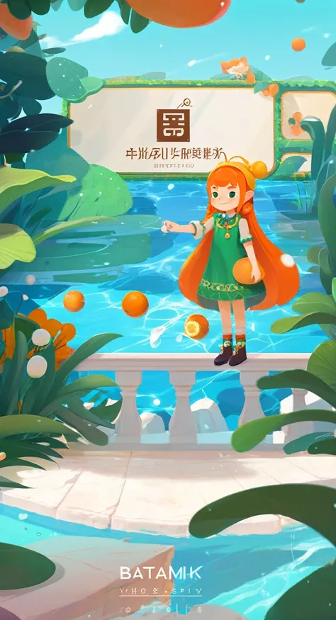 an artwork, LocationInformation, in the style of 2d game art, characterized girl, dmitry vishnevsky, orange and emerald, cute and dreamy, editorial illustrations, zeiss batis 18mm f/2.8