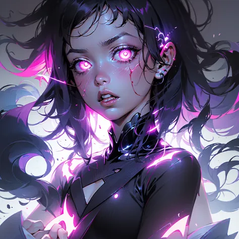 a close up of a person with blood on their face, manga cover, neon pink, mysterious black slime, 🎀 🪓 🧚, by xiao yuncong, tiktok,...