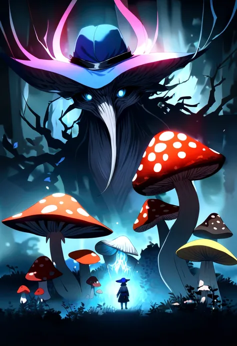 (Mushroom anthropomorphic monster and mushrooms merge with the body, (Anthropomorphic male mushroom)), blue flat hat, knave, glowing body, has eyes and a mouth 