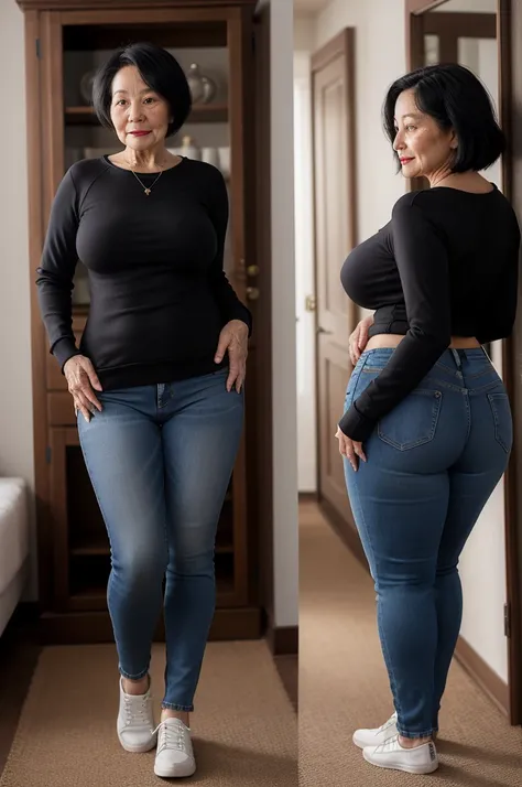 An elderly woman of 70 years, with sexy curves, Skinny body, black hair, White skin, hourglass curves, hourglass figure, hourglass body, very short stature, tight jeans, warm sweatshirt