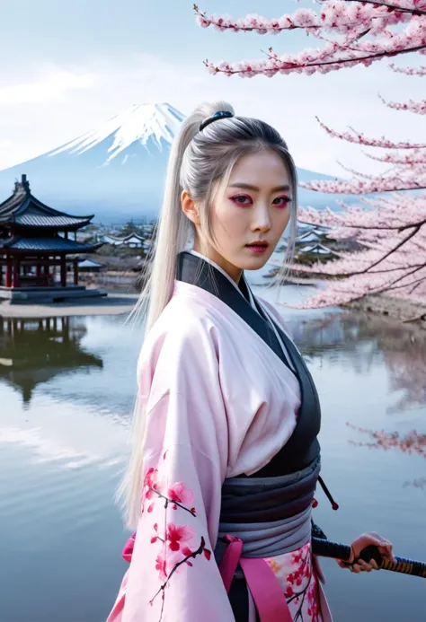 Chinese watercolor, Chinese oil painting, kaleidoscopic panorama, Japanese color film effects, Fuji colors effects, Njj cinematic, ((beautiful silky white hair)), long ponytail hairstyle, ((black infected eyes)), looking at the camera, white background, ( ...