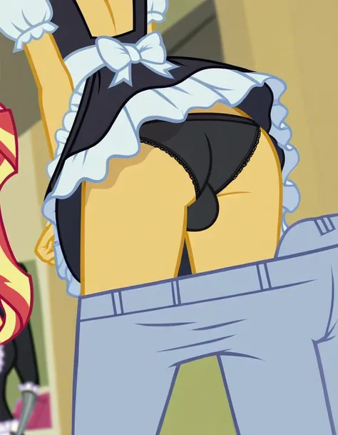 upskirt, duo focus, equestria girls, blushing, sunset shimmer, bra, underwear, grin, evil smile, erection, smiling, butt, clothes, maid, black panties, underwear, sunbutt, show accurate, vector, male pov, tenting, crotch big bulge, big erection in pants, o...