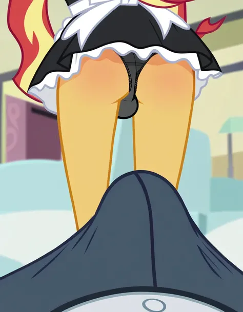 upskirt, duo focus, equestria girls, blushing, sunset shimmer, bra, underwear, grin, evil smile, erection, smiling, butt, clothes, maid, black panties, underwear, sunbutt, show accurate, vector, male pov, tenting, crotch big bulge, big erection in pants, o...