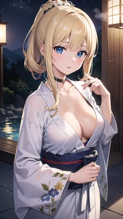 beatrixamerhauser, beatrix amerhauser, long hair, blue eyes, blonde hair,ponytail, (medium breast:1.2),
BREAK japanese clothes,white kimono,wet kimano, yukata,cleavege,neckline,black choker,
BREAK looking at viewer,
BREAK outdoors, onsen,night,steam,wet,st...