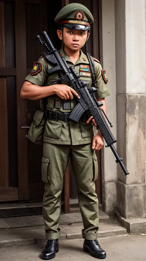 Indonesian national army with gun 4k full body 
