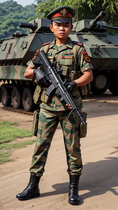 Indonesian national army with gun 4k full body 
