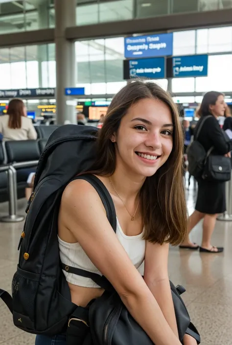 one french woman, waiting her flight in the airport, wearing a backpack, RAW Photo, DSLR,  (depth of field), traditional hair, playful pose, 22yo, smiling,  stunning sunny weather,  soft lighting,