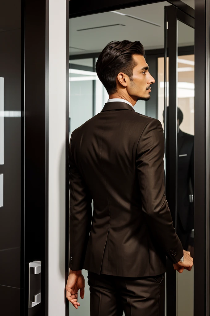  a thin man ,black shit and brown blazer ,showing back standing at the  door of his office  made of glass ,hair is short 