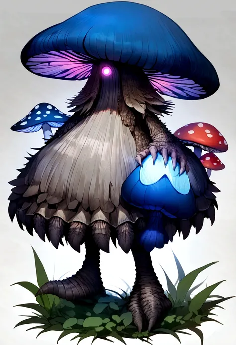 (Mushroom anthropomorphic monster and mushrooms merge with the body, (Anthropomorphic male mushroom)), blue flat hat, knave, glowing body,(grebe humanoid) 