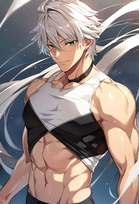 1boy, white medium hair, white eyelashes, green eyes,fitness body, vestindo uma regata preta, calça branca, hair in the wind, satisfied expression