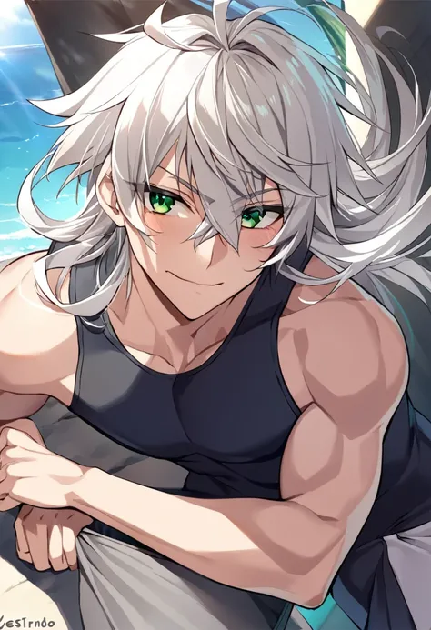 1boy, white medium hair, white eyelashes, green eyes,fitness body, vestindo uma regata preta, calça branca, hair in the wind, satisfied expression