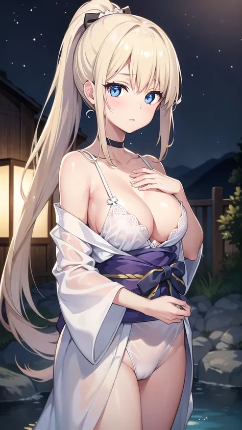 beatrixamerhauser, beatrix amerhauser, long hair, blue eyes, blonde hair,ponytail, (medium breast:1.2),
BREAK japanese clothes,white kimono,wet kimano, yukata,cleavege,neckline,black choker,
BREAK looking at viewer,
BREAK outdoors, onsen,night,steam,wet,st...