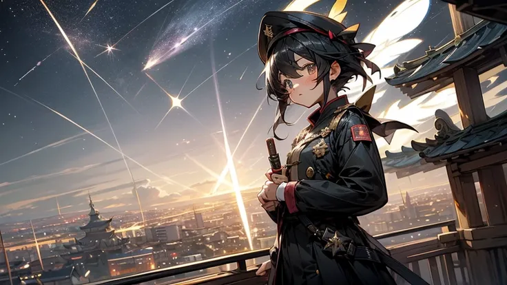 Tanabata。Chuunibyou。Eye patch。military cap。A girl with short black hair。Wearing black military uniform。Fluttering cloak。Wish upon a shooting star。Imperial City Sky、You can see the beautiful starry sky。