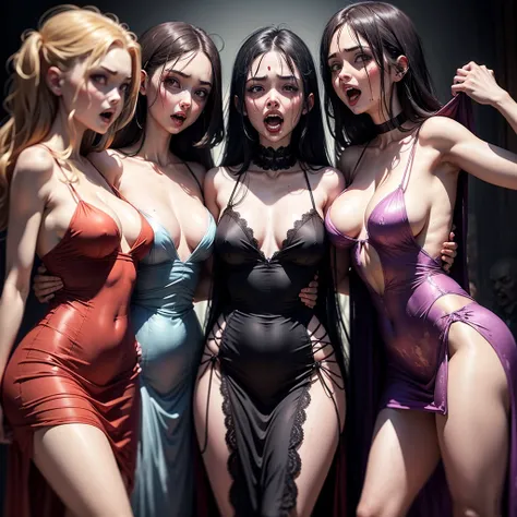 Sexy group of 4 female zombies wearing silk dresses feeding on a human male ripping his intestines out while he screams