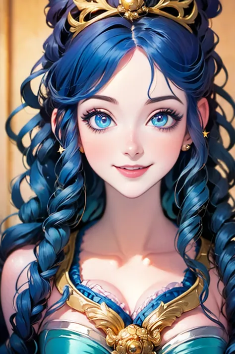 anime girl with stars and gold eyes and blue hair, stars in her eyes, stars in her gazing eyes, neoartcore and charlie bowater, stunning anime face portrait, golden shining eyes, starlit shining eyes, glowing magical eyes, beautiful celestial mage, magical...