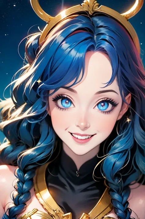 anime girl with stars and gold eyes and blue hair, an anime drawing by yang j, pixiv contest winner, fantasy art, stars in her e...