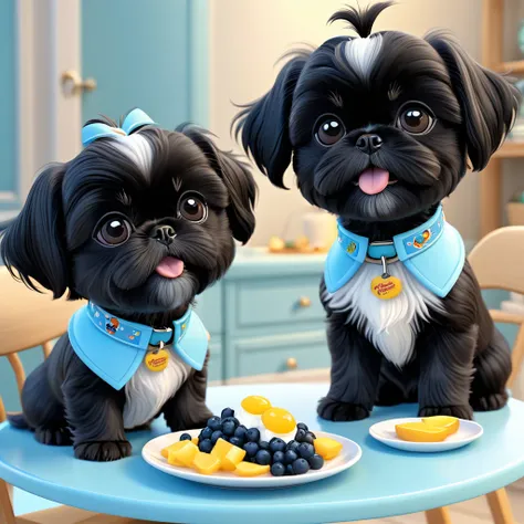 2 Adorable small black Shih Tzu puppies wearing light blue collars,  playing eating breakfast, Disney 3d cartoon, 3d render, disney pixar style