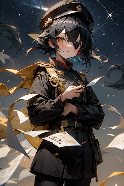 Tanabata。Chuunibyou。Eye patch。military cap。A girl with short black hair。Wearing black military uniform。Fluttering cloak。Write your wishes on a piece of paper。Imperial City Sky、You can see the beautiful starry sky。