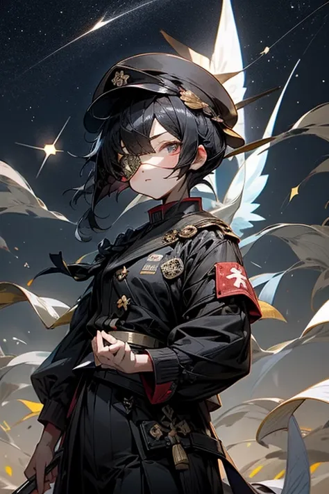 Tanabata。Chuunibyou。Eye patch。military cap。A girl with short black hair。Wearing black military uniform。Fluttering cloak。Write your wishes on a piece of paper。Imperial City Sky、You can see the beautiful starry sky。