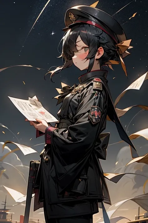 Tanabata。Chuunibyou。Eye patch。military cap。A girl with short black hair。Wearing black military uniform。Fluttering cloak。Write your wishes on a piece of paper。Imperial City Sky、You can see the beautiful starry sky。